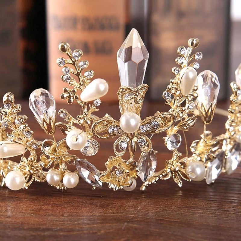 Bmirth Baroque Crowns and Tiaras Gold Crystal Wedding Queen Crowns Bride Pearl Rhinestone Princess Crown for Women and Girls - Image 3